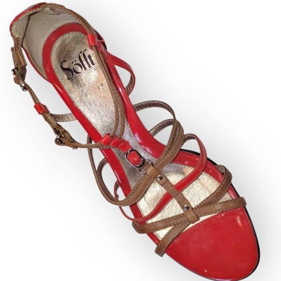 Sofft Womens Heels Sz 11 Red Tan Strappy Buckles‎ 3" High Patent Leather Comfort - Picture 5 of 13